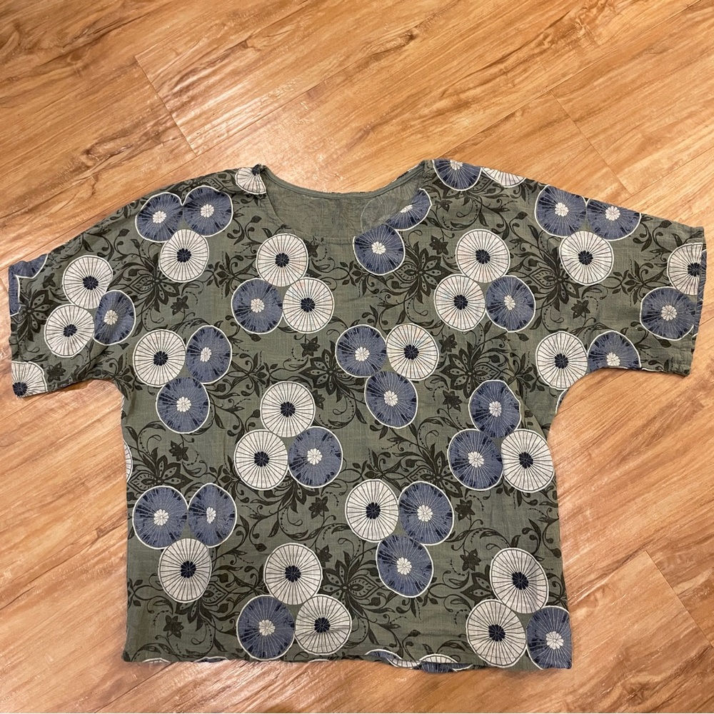 Pronto Moda linen top From Italy, Sage Green With Blue & White Flowers, XL